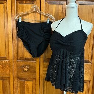 Merona 2-Piece Black Swim Dress Open Midline Laser Cut Top w/Ruched Full Bottom